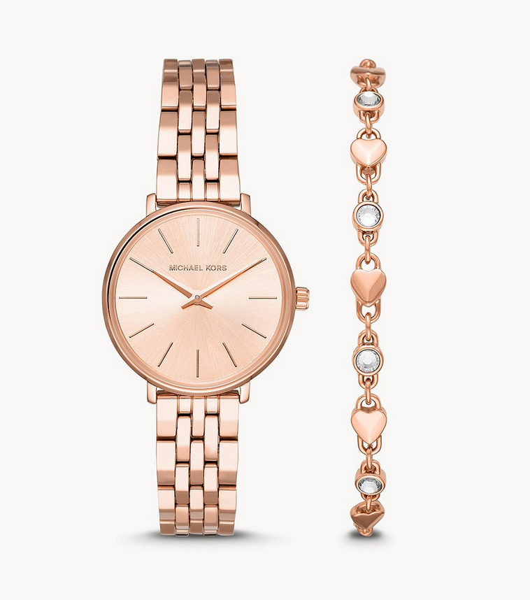 Michael Kors Women's Mini Pyper Rose Gold-Tone Stainless Steel Watch and Bracelet Gift Set