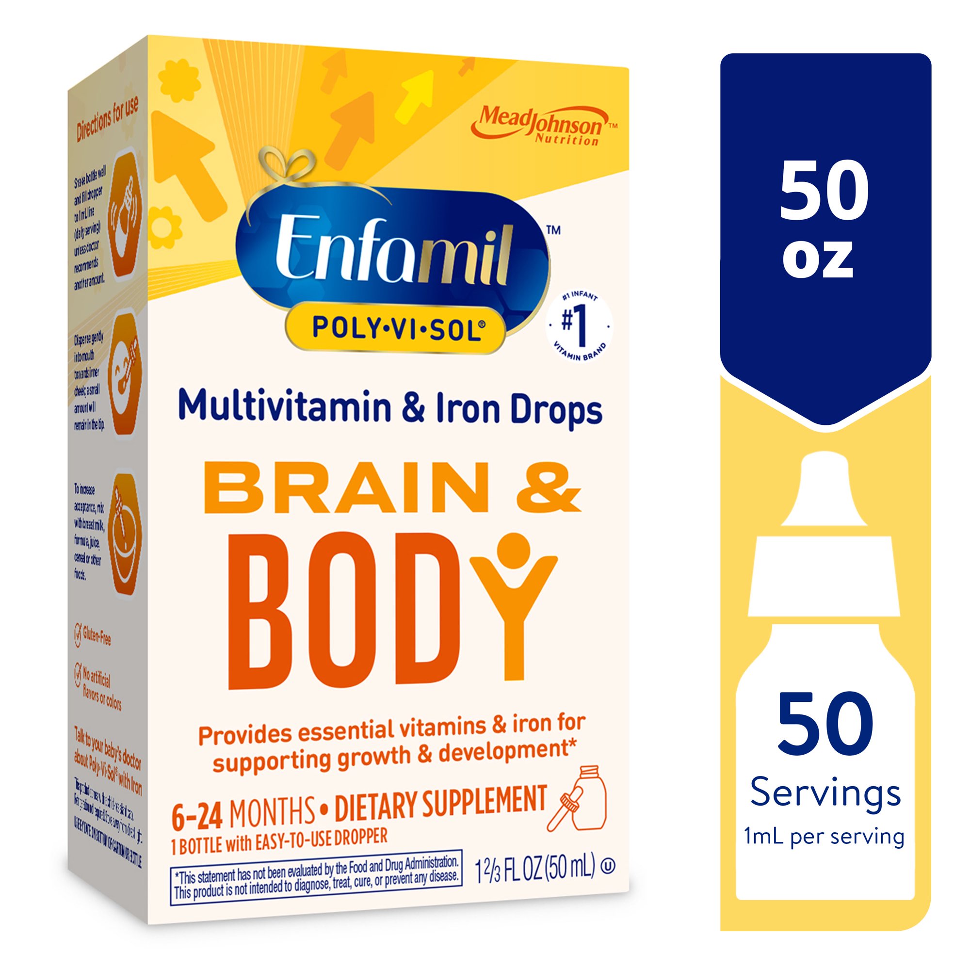Enfamil Poly-Vi-Sol 8 Multi-Vitamins & Iron Supplement Drops for Infants & Toddlers, Supports Growth & Development, 50 mL Dropper Bottle