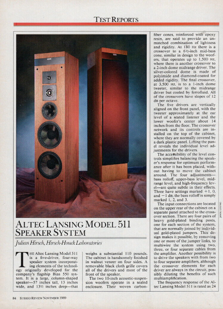 Altec Lansing - Model 511 Speaker - Full Original Test Report -  1989