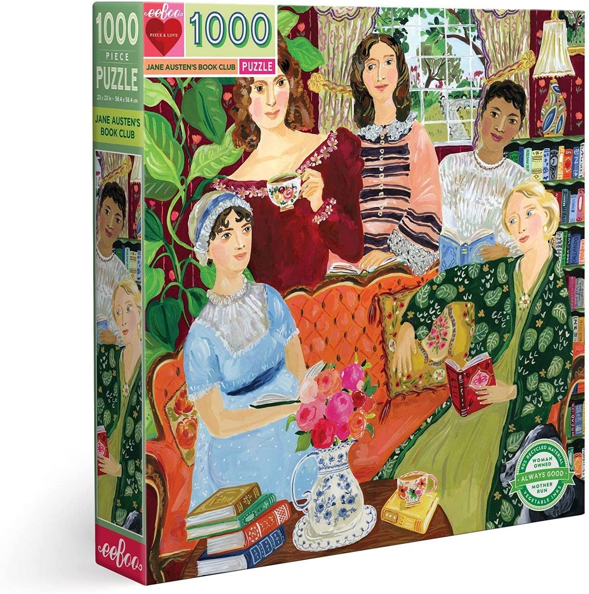 eeBoo: Piece and Love Jane Austen's Book Club 1000-piece square adult Jigsaw Puzzle, High Quality Jigsaw Puzzle for Adults and Families, Includes Glossy, Sturdy Pieces and Minimal Puzzle Dust