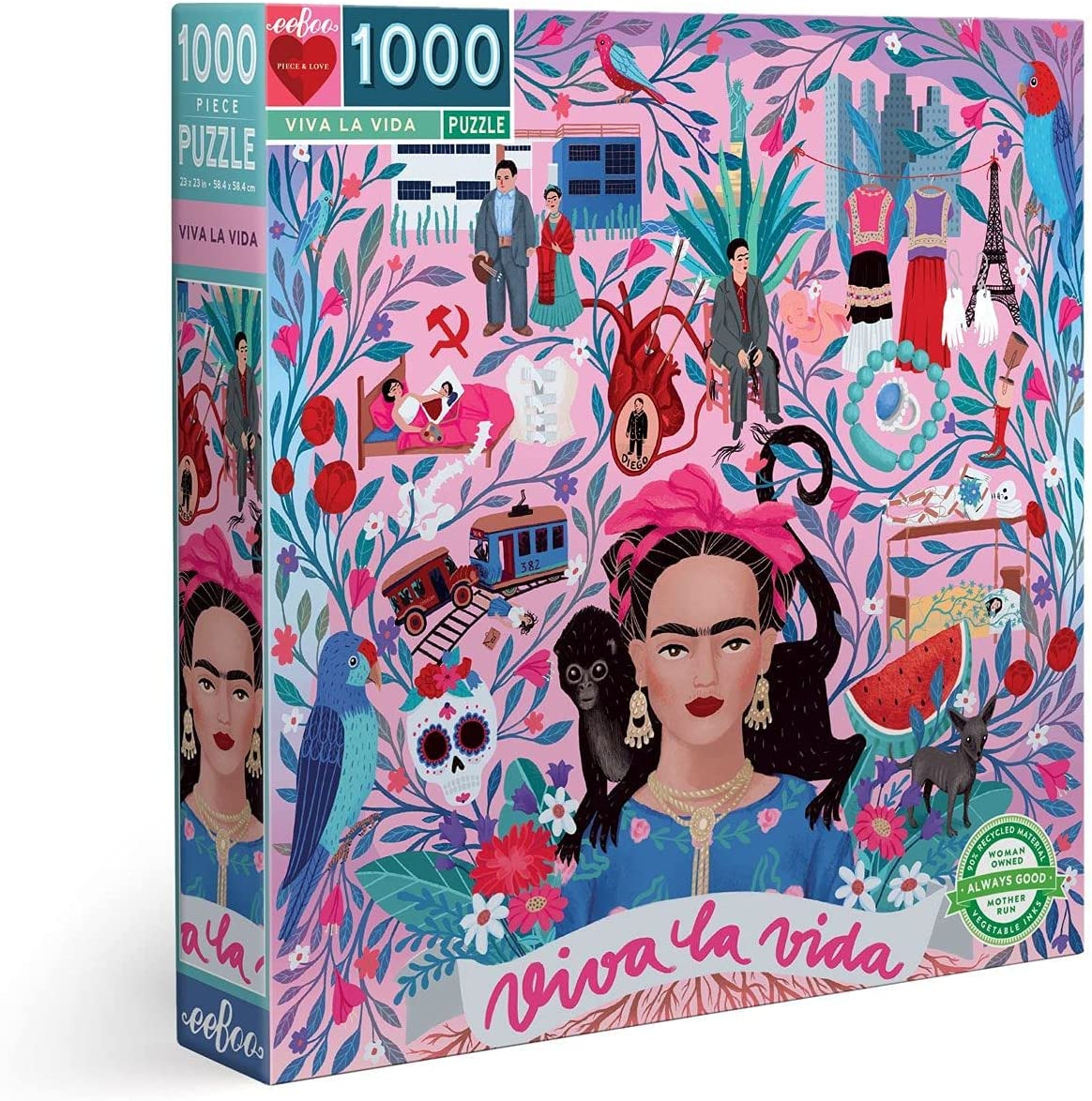 eeBoo: Piece and Love Viva la Vida Frida Kahlo 1000 Piece Square Adult Jigsaw Puzzle, Puzzle for Adults and Families, Glossy, Sturdy Pieces and Minimal Puzzle Dust